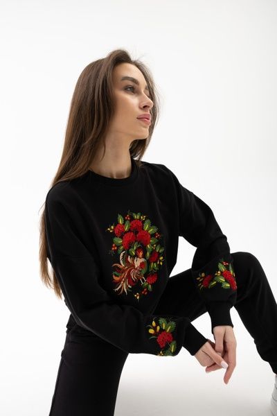 Жіночий світшот демісезон чорний з вишивкою &ldquo;Калина&rdquo; 56354 фото
